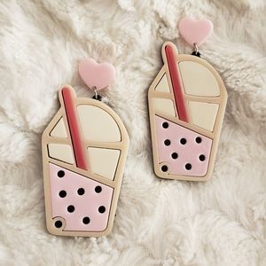 Pink Boba Tea Drink Dangle Earrings